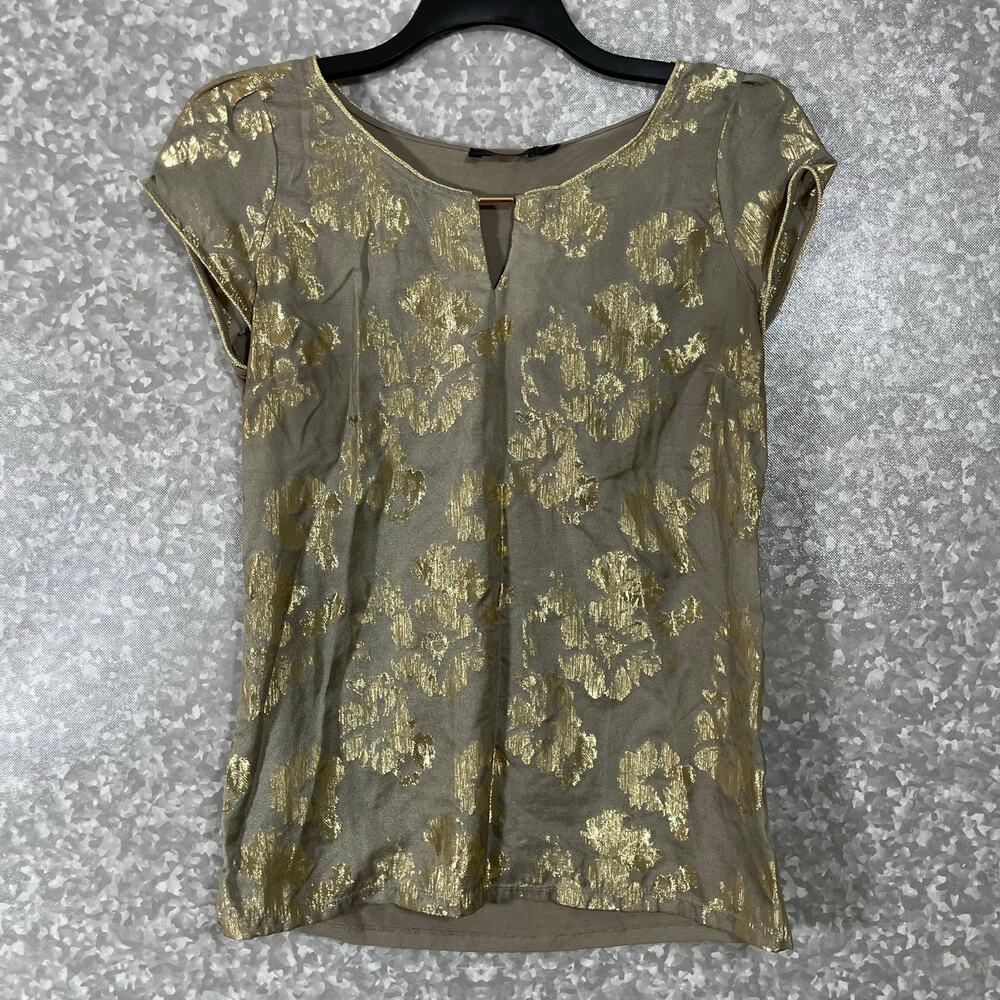 The Limited Gold Foil Floral Accent Cap Sleeve Top - Taupe/Gold